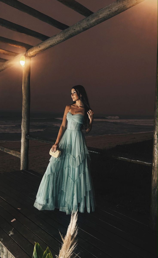 Fairy Blue Tulle Sequins Party Dress A Ling Layered Prom Evening Dress cc1919
