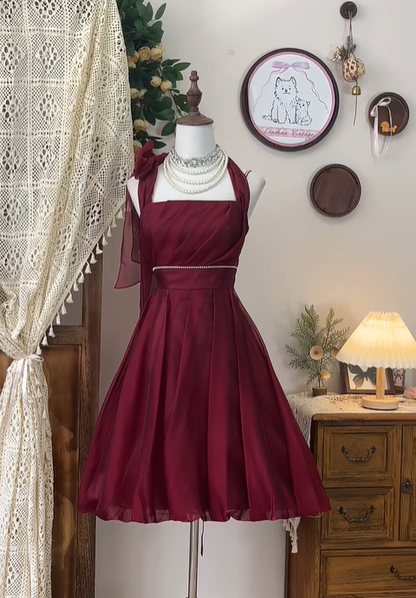 Vintage Burgundy Halter Beaded A Line Short Homecoming Dress Cocktail Dress cc3098
