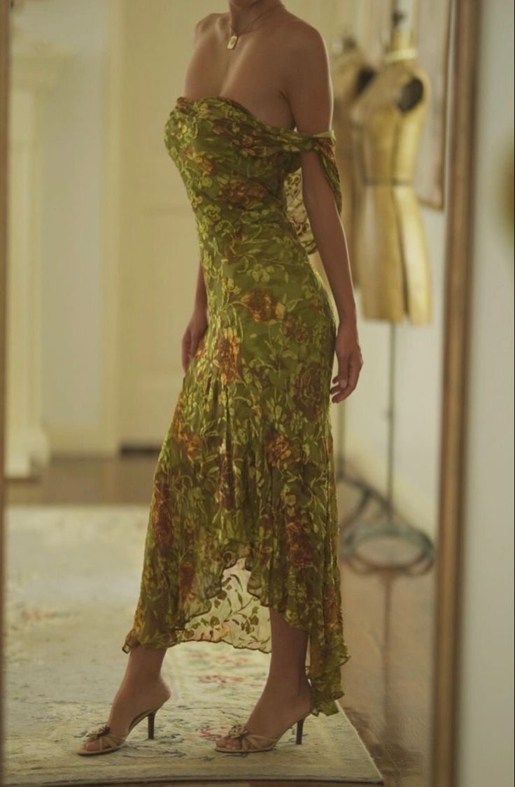 Vintage Green Print Floral Chiffon Evening Dress Long Prom Dress cc2004