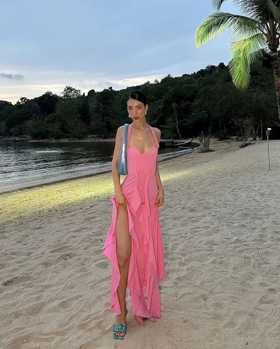 Pink Halter Chiffon Ruffles Evening Dress Long Party Prom Dress cc2175