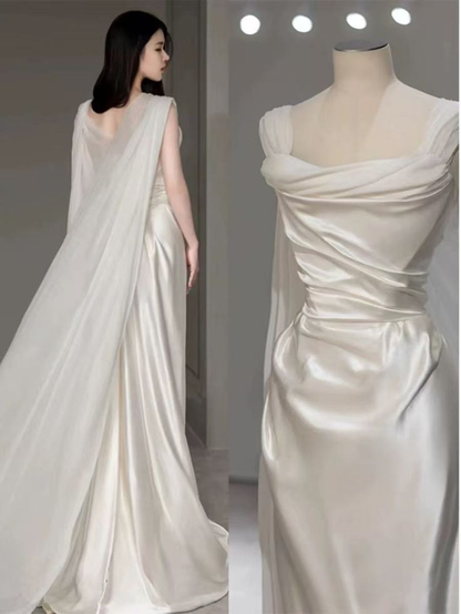 White Satin Pleated Straps Wedding Dress,Elegant Prom Evening Dress  cc2662