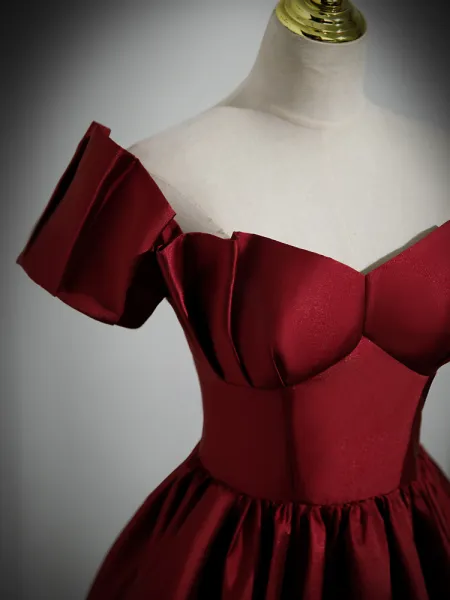 A Line Burgundy Satin Floor Length Prom Dress, Off the Shoulder New Party Dress cc1349
