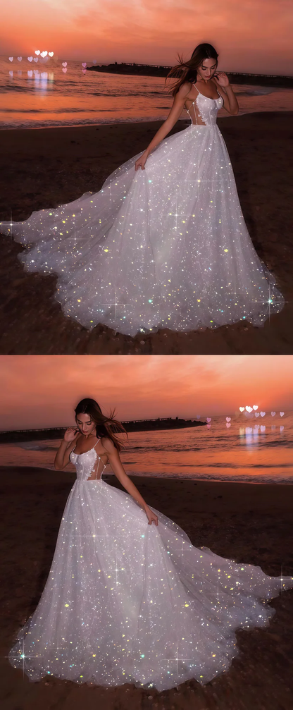 Sparkly Shite Tulle Sequins Prom Dress,Long A Line Wedding Dress Evening Dress cc2468