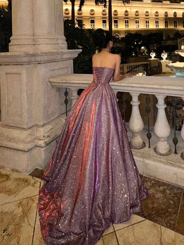 Glitter Strapless A Line Satin Sequins Long Prom Dress Formal Evening Gown  cc2183