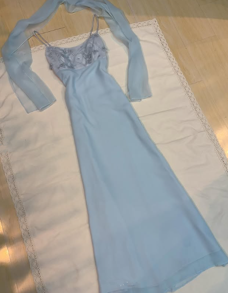 Pretty Light Blue Chiffon Applique Evening Dress,Straps Party Prom Gown cc2573