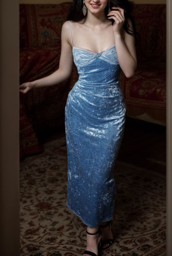 Charming Spaghetti Straps Velvet Party Prom Dress,Blue Sheath Evening Gown cc2656