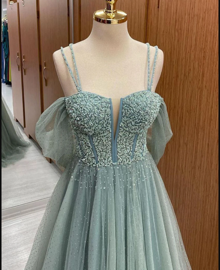 Elegant Evening Dress with Spaghetti Straps, Glitter A-line Tulle Prom Dress cc582