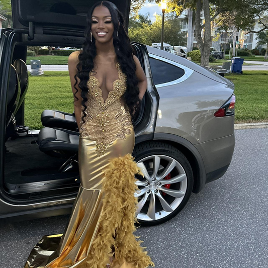 Luxurious Feathers Beaded Mermaid Evening Dress Gold Long Slit Prom Party Dress  cc2459