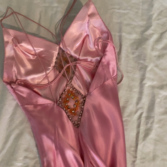 Pink Satin Beaded Evening Dress,Spaghetti Straps Party Prom Dress cc2669