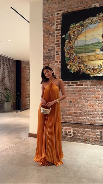 Sexy Halter Pleated Evening Dress Orange Sleeveless  Party Prom Dress cc2408