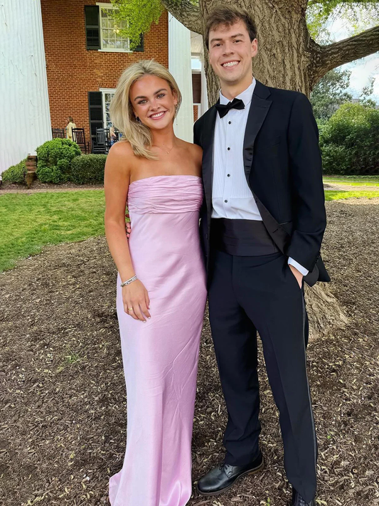 Simple Pink Ruched Strapless Long Prom Dress Sheath Party Dress cc2143