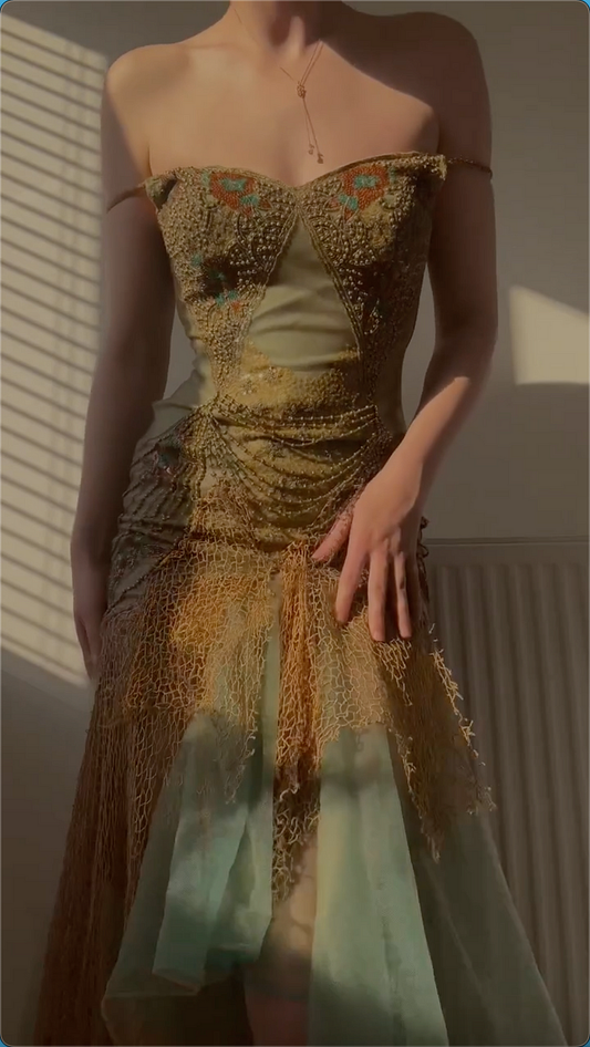 Vintage Green Sequin Lace Party Prom Dress,Off The Shoulder Mermaid Evening Dress cc2761