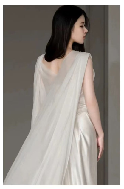 White Satin Pleated Straps Wedding Dress,Elegant Prom Evening Dress  cc2662
