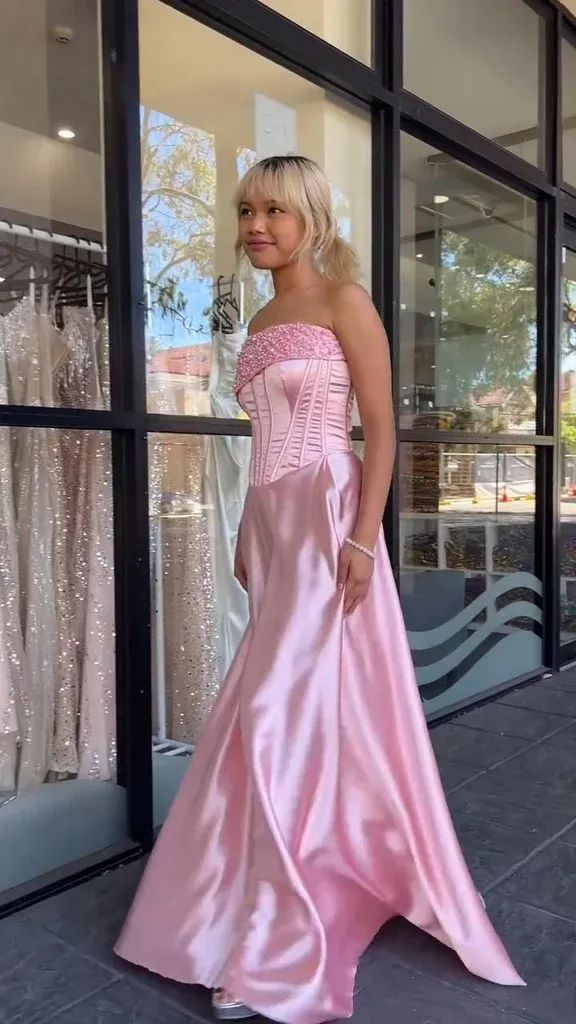 Pink Strapless Beaded Satin Party Dress A Line Prom Evening Dress cc2339