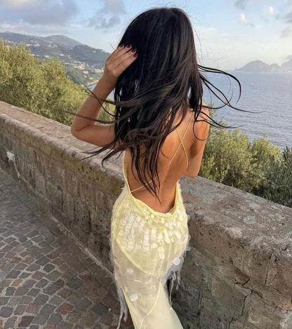 Sexy Yellow V Neck Sequin Chiffon Mermaid Party Evening Dress Backless Long Prom Dress cc1854