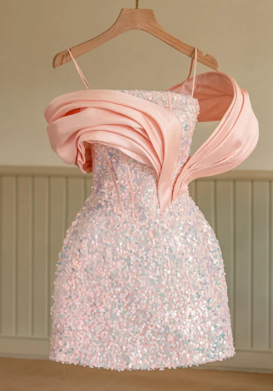 Cute Pink Sequin Off The Shoulder Short Homecoming Dress Formal Birthday Outfits cc3132