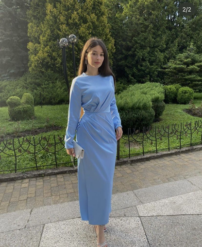 Modest Blue Column Prom Dress with Long Sleeves cc586