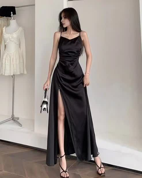 Simple Spaghetti Straps Black Slit A Line Evening Dress Long Prom Dress cc2019