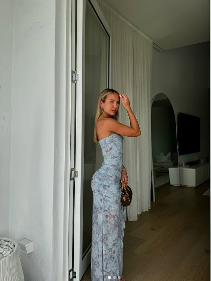 Blue Chiffon Print Floral Evening Dress,Long Slit Ruffles Party Prom Dress cc2705