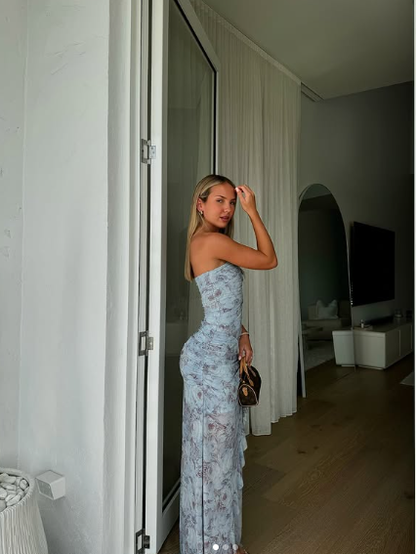 Blue Chiffon Print Floral Evening Dress,Long Slit Ruffles Party Prom Dress cc2705