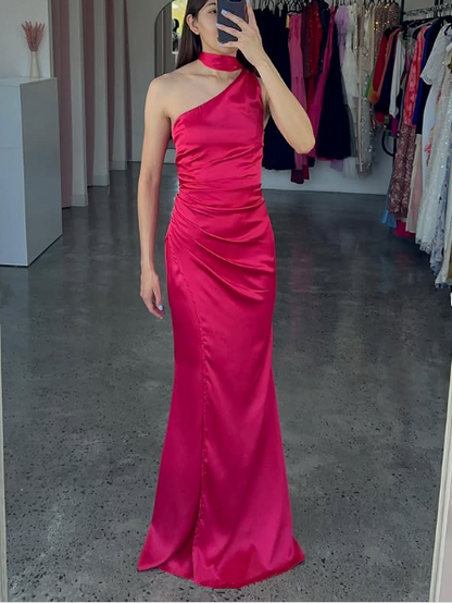 Gorgeous Hot Pink One Shoulder Satin Long Prom Dress,Mermaid Party Evening Dress cc2862