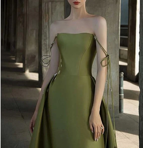 Simple A Line Green Satin Prom Dress Spaghetti Straps Long Party Evening Dress  cc1522