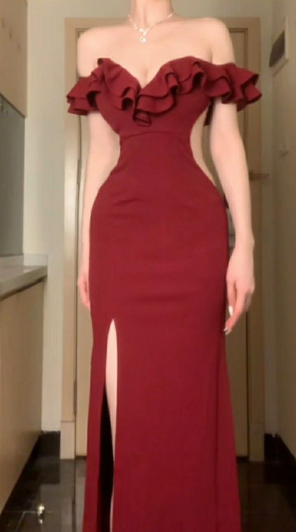 Pretty Ruffled Off The Shoulder Mermaid Long Prom Dress Slit Evening Dress cc2022