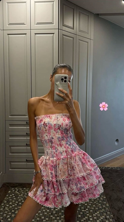 Beautiful Pink Print Floral A Line Birthday Outfits Strapless Homecoming Dress cc3191