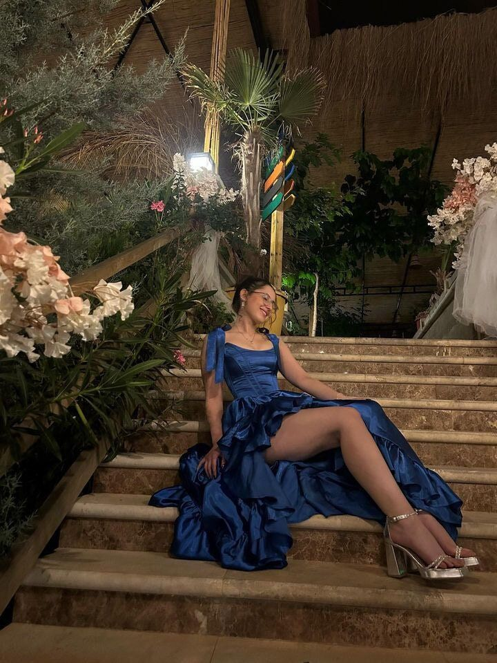 Elegant Blue Slit Ruffles Party Dress A Line Prom Evening Gown cc1970