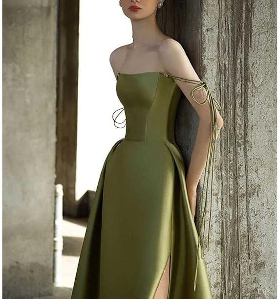 Simple A Line Green Satin Prom Dress Spaghetti Straps Long Party Evening Dress  cc1522