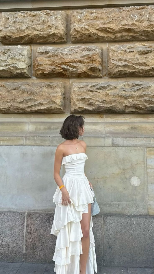 Elegant Ivory Strapless Satin Layered Prom Dress，Formal Wedding Evening Dress cc2681