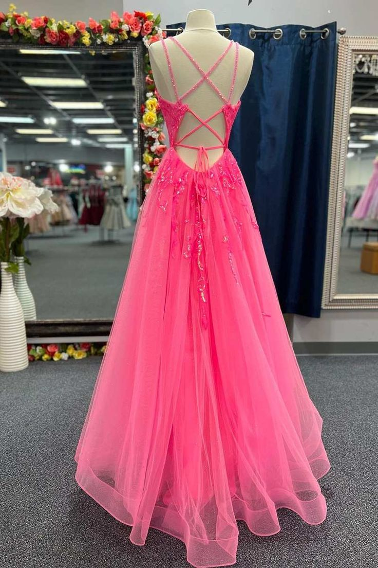 Hot Pink Tulle Appliques Lace-Up A-Line Long Prom Dress cc1006