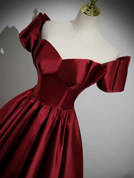 A Line Burgundy Satin Floor Length Prom Dress, Off the Shoulder New Party Dress cc1349