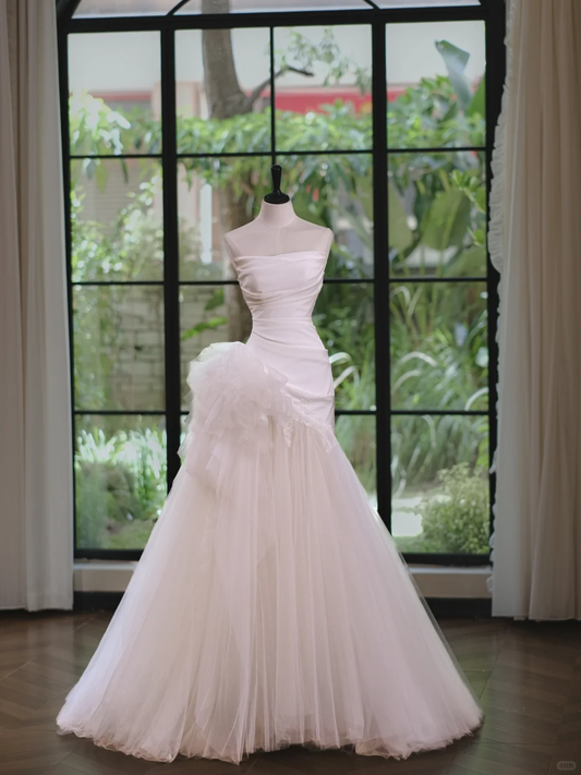 Elegant Strapless Mermaid White Satin Tulle Bridal Dress Long Wedding Dress cc3465