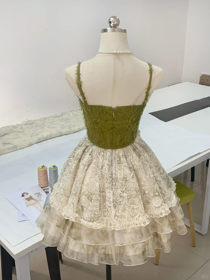 Vintage Olive Green Lace A Line Short Homecoming Dress 20th Birthday Outfits cc3437