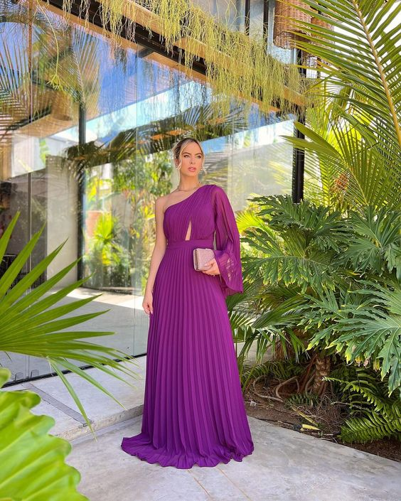 Chic Purple One Sleeve A-line Pleated Prom Dress cc699