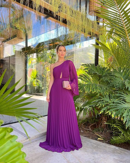 Chic Purple One Sleeve A-line Pleated Prom Dress cc699