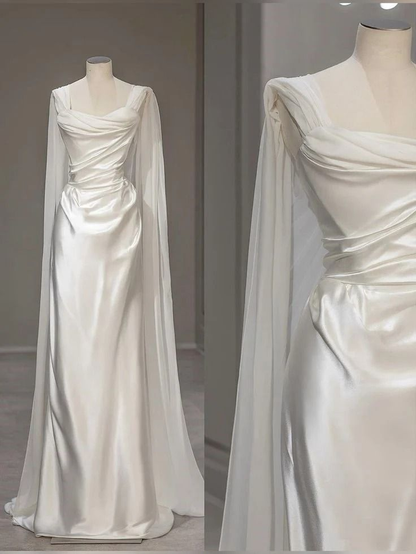 White Satin Pleated Straps Wedding Dress,Elegant Prom Evening Dress  cc2662