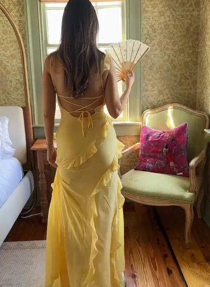 Elegant Yellow Spaghetti Straps Ruffle Slit Prom Dress,Long Party Evening Dress cc3001