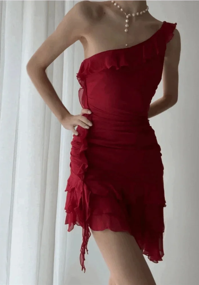 Classy Sleeveless Irregular Ruffles Chiffon Short Party Dress Red One Shoulder Graduation Homecoming Dress cc3387