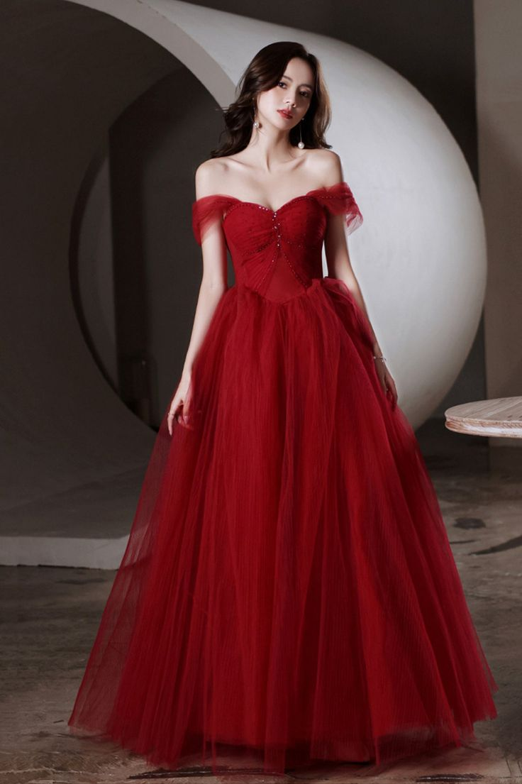 Red Tulle Long A-Line Prom Dress, Off the Shoulder Evening Graduation Dress cc1204