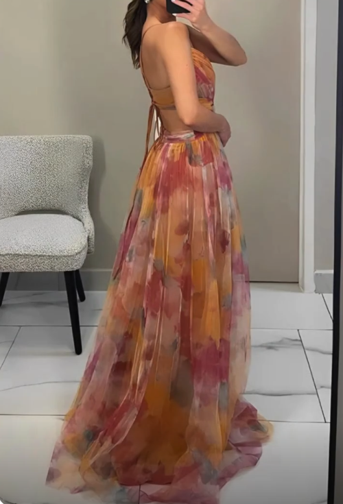 Beautiful Straps Tulle Print Long Prom Dress Formal A Line Evening Dress cc2188