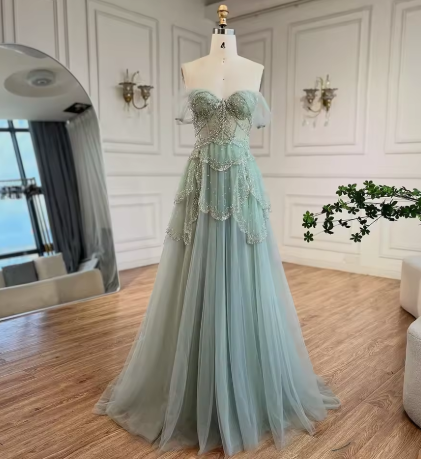 Off The Shoulder Tulle Beaded Evening Dress,Shiny Sage Green Prom Party Dress cc2584