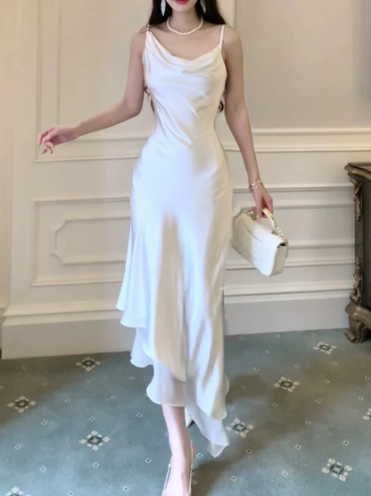 White Satin Ruffle Prom Dress Fairy A Line Wedding Dress cc2030