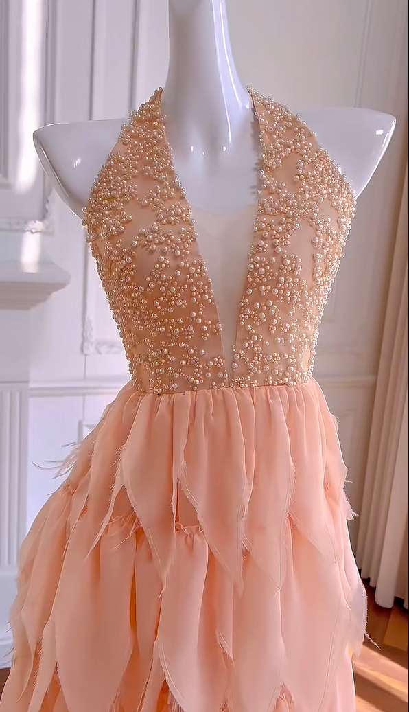 Charming Halter Orange Chiffon Beaded Homecoming Dress Birthday Outfits cc3167
