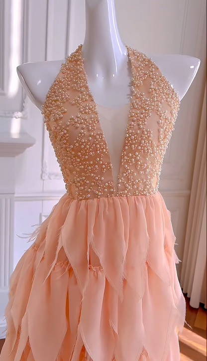 Charming Halter Orange Chiffon Beaded Homecoming Dress Birthday Outfits cc3167