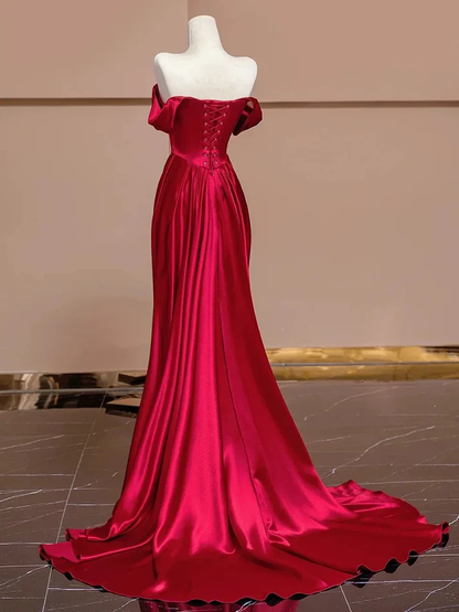 Classy Off The Shoulder Red Mermaid Long Prom Dress Formal Evening Dress cc2298