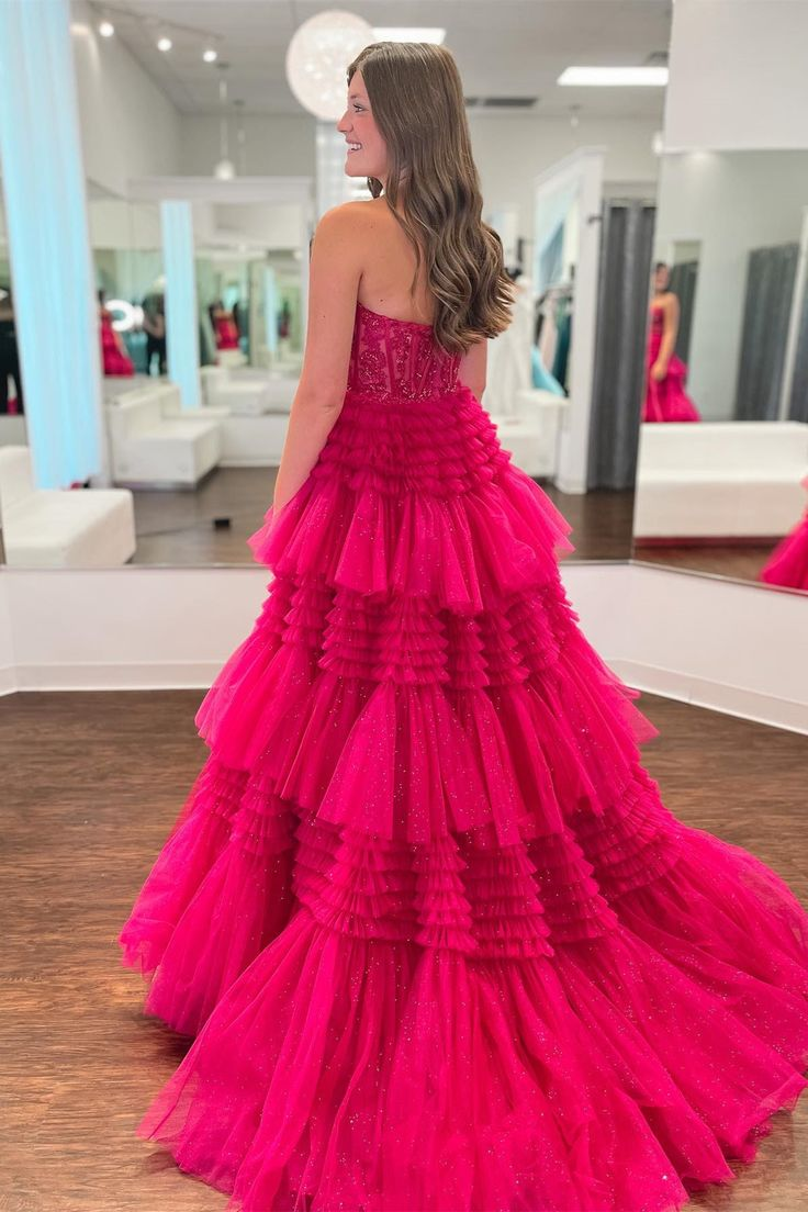 Fuchsia Multi-Layers Strapless Appliques A-line Tulle Long Prom Dress cc1021