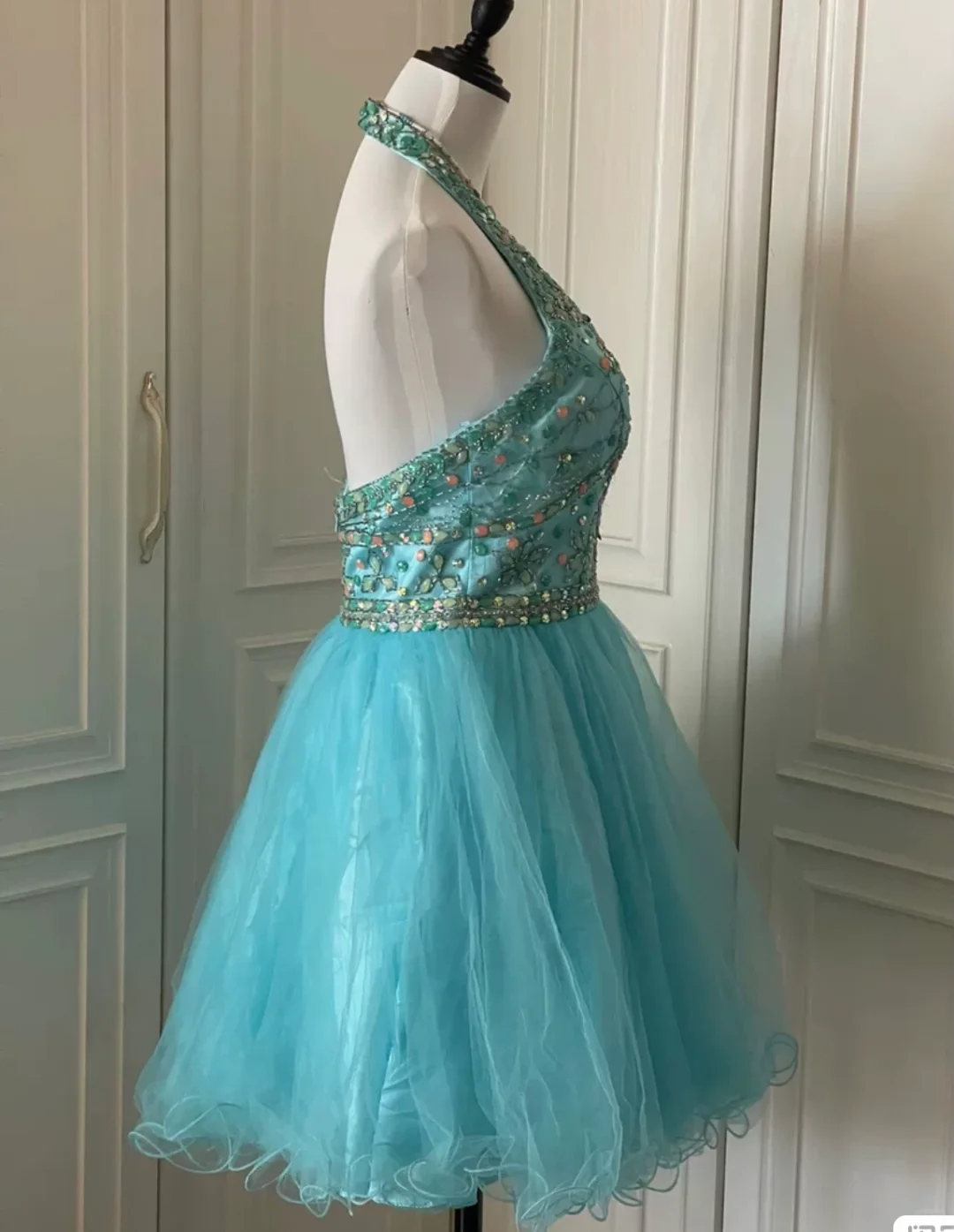 Vintage Blue Halter Tulle Beaded A Line Short Party Dress Formal Homecoming Dress cc3174