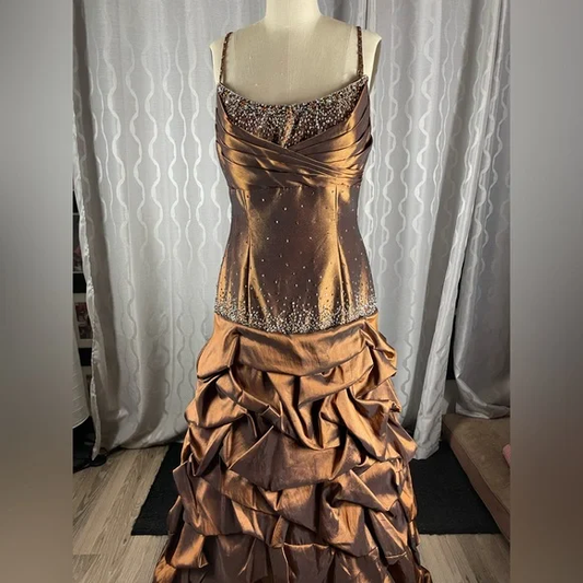 Vintage Spaghetti Straps Pleated Satin Beaded Evening Dress Mermaid Party Dress cc2675